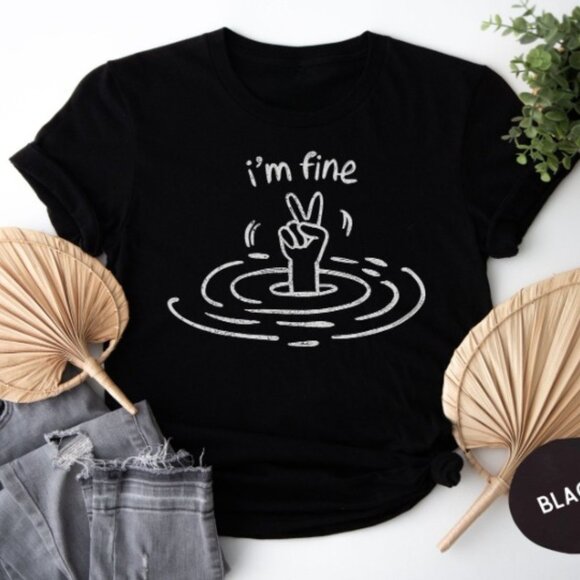 Tops - Funny I_m Fine Drowning Hand Gesture T-Shirt, Humorous Peace Sign T-Shirt